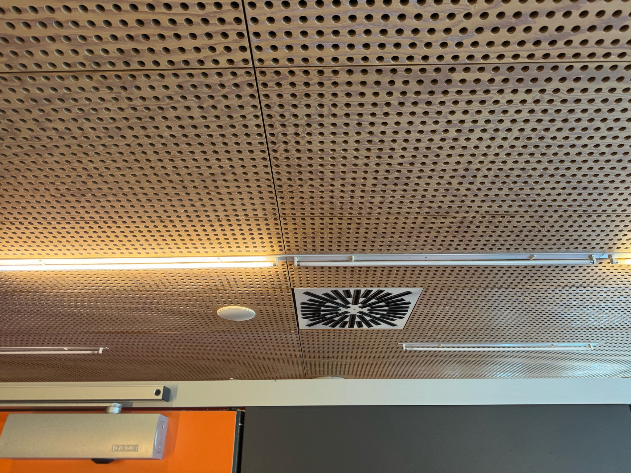 Bestehende T5-Leuchtstoffleuchte in der Holzdecke der Emser Therme